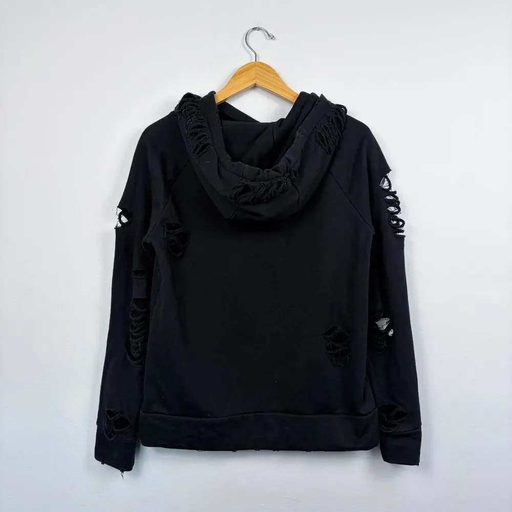Alo Yoga Hoodie Distressed Ripped Pullover Sweatshirt Black